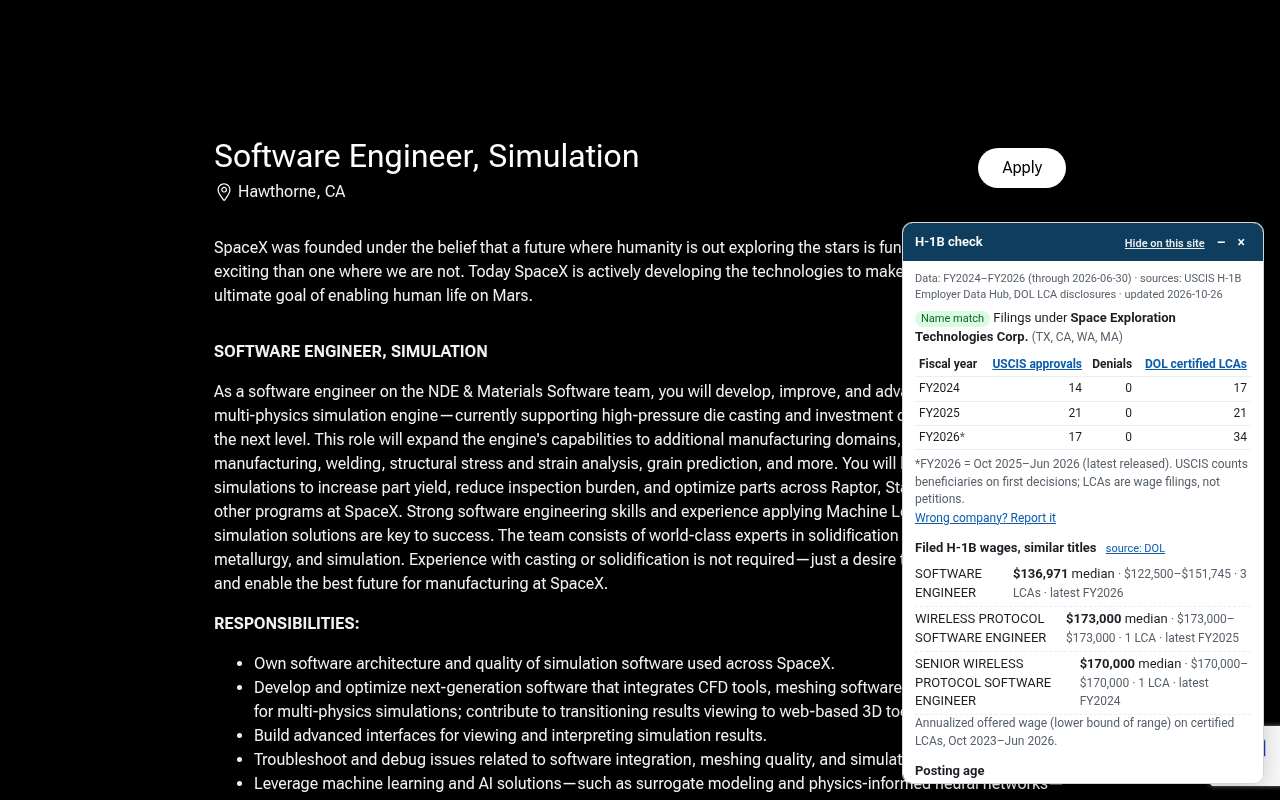 H1B Sponsor Checker panel on a Greenhouse job page: USCIS approvals, denials and DOL certified LCAs by fiscal year, then filed H-1B wages for similar titles